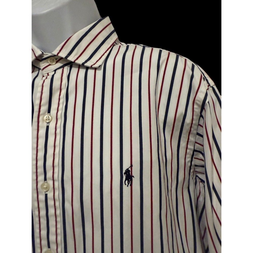 Ralph Lauren Men Shirt L WESTERTON Classic White Blue Red Pinstripe‎ Blue Pony